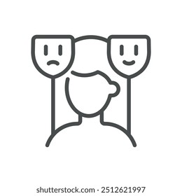 Mood Changes Icon. Simple Line Illustration of a Person with Happy and Sad Masks, Representing Emotional Variability, Mood Swings and Mental Health.