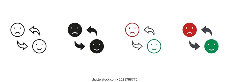 Sentimiento cambia la línea y la silueta del conjunto de iconos. Cambio de sonrisa feliz a pictograma de cara triste. Símbolo de expresión de emoticono bipolar. Emoción positiva e infeliz. Trazo Editable. Ilustración vectorial aislada.