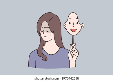 Mood changes, Schizophrenia and mental problems concept. Portrait of young sad woman suffering from multiple personality disorders holding happy mask in hand over grey background vector illustration 