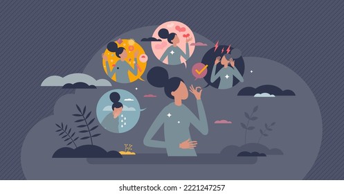 Mood changes and various feelings as bipolar emotion disorder tiny person concept. Psychological unstable behavior and thinking from sad to happy vector illustration. Change mental behaviour instantly