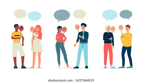 Mood changing banner template with people cartoon characters holding masks with various emotions expression, flat vector illustration isolated on white background.