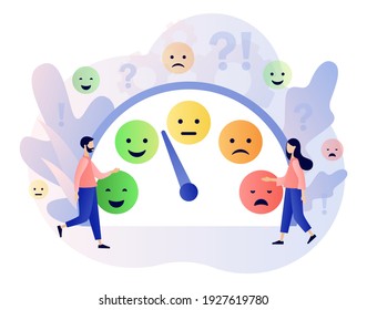 Mood concept. Emotions scale. Excellent, good and normal, bad and awful. Tiny people leave feedback. Emoji set for mood tracker. Modern flat cartoon style. Vector illustration on white background