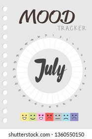 Mood diary for a month. mood tracker calendar. keeping track of emotional state