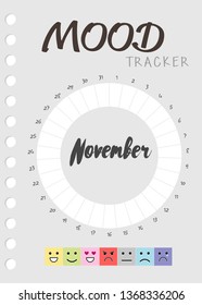 Mood diary for a month. mood tracker calendar. keeping track of emotional state