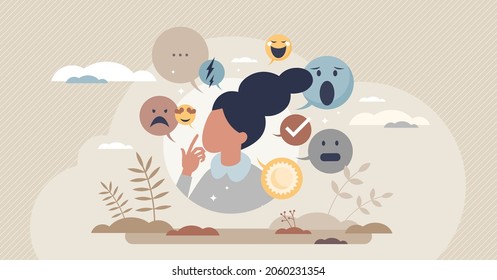 Mood disorder - bipolar emotion change metal problem, tiny person concept. Confusing inner feelings leading to stress, anxiety and life crisis. Suffering of positive and negative state contrasts.