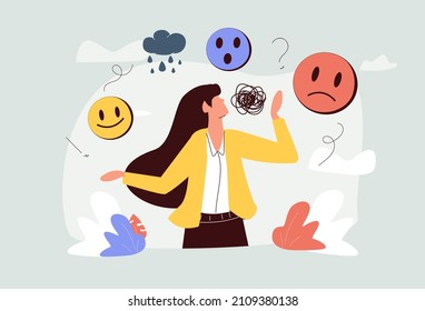 Mood disorder - bipolar emotion change metal problem, tiny person concept. Confusing inner feelings leading to stress, anxiety and life crisis. Suffering of positive and negative state contrasts.