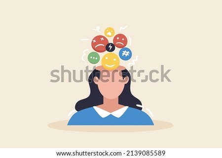 Mood disorder - bipolar emotion change metal problem, tiny person concept. Confusing inner feelings leading to stress, anxiety and life crisis. Suffering of positive and negative state contrasts.