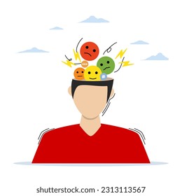 Mood disorder, bipolar emotion turn metal problem, depression person concept. Confused inner feelings that lead to stress, anxiety and life crises. Suffering contrasts positive and negative states.