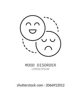 Mood disorder line icon concept. Happy and sad faces outline stroke element. Psychologist counseling. Anxiety, psychotherapy, depression. Editable stroke vector illustration