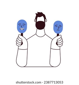 Mood disorder. Man choosing between two mood extremes masks. Black and white modern flat vector illustration