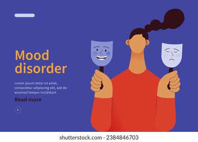 Mood disorder website concept. Woman choosing between two mood extremes masks. Modern flat vector illustration