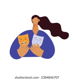Mood disorder. Woman choosing between two mood extremes masks. Modern flat vector illustration