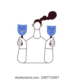 Mood disorder. Woman choosing between two mood extremes masks. Black and white modern flat vector illustration
