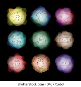 Mood doodle sketch of symbols. Sun, Summer, Cloud Rain, Love Heart, Winter Snowflake, Green Leaf, Mail Message, Strawberry Fruit, Coffee Drink, Voice 