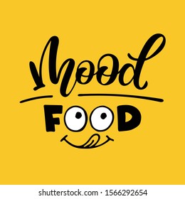 Mood food. Lettering illustration with smile delicious icon logo. Yummy tongue emoji tasty or hungry mouth smile. EPS 10
