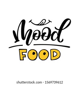 Mood food. Lettering illustration with smile delicious icon logo. Yummy tongue emoji tasty or hungry mouth smile. EPS 10