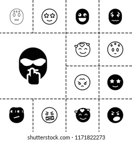Mood icon. collection of 13 mood filled and outline icons such as emot in love, angry emot, happy emoji with star eyes, angry emoji. editable mood icons for web and mobile.