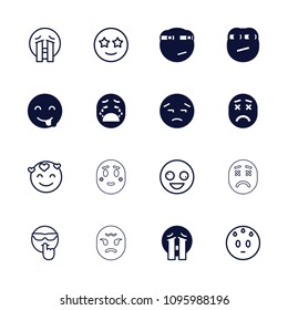 Mood icon. collection of 16 mood filled and outline icons such as upset emot, emot showing tongue, crying emoji. editable mood icons for web and mobile.