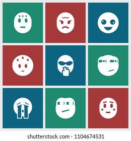Mood icon. collection of 9 mood filled icons such as crazy emot, sweating emot, crying emoji, rolling eyes emoji. editable mood icons for web and mobile.