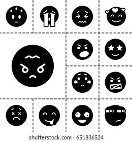 Mood icon. set of 13 filled moodicons such as crazy emot, upset emot, shy emoji