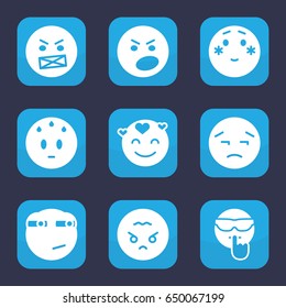 Mood icon. set of 9 filled mood icons such as upset emot, sweating emot, shy emoji, rolling eyes emoji