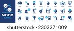 Mood icon set. Containing happy, sad, excited, calm, angry, tired and stressed icons. Solid icon collection. Vector illustration.