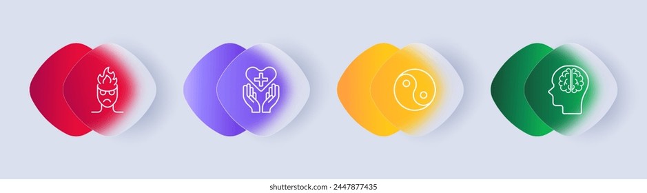 Mood icon set. Man, silhouette, fire, anger, aggression, brain, hands, proposal, heart, cross, health care, yin yang, gradient. Controlling your condition concept. Glassmorphism style.