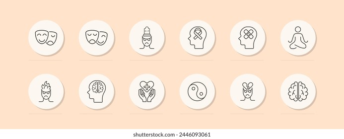 Mood icon set. Theater masks, smile, anger, yin yang, man, brain, fire, meditation, silhouette, sentiment care, patch, restoration, pastel. Controlling your condition concept. Vector line icon.