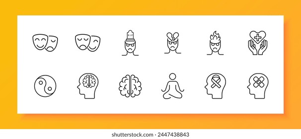 Mood icon set. Theater masks, smile, anger, yin yang, man, brain, fire, meditation, silhouette, sentiment care, patch, restoration, . Controlling your condition concept. Vector line icon.