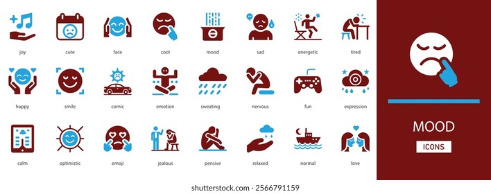 Mood  icon set. with  tired, happy, pensive, relaxed, love, sad, emotion and more solid icons