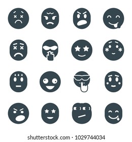 Mood icons. set of 16 editable filled mood icons such as crazy emot, upset emot, shy emoji