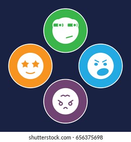 Mood icons set. set of 4 mood filled icons such as angry emot, happe emoji with star eyes, rolling eyes emoji