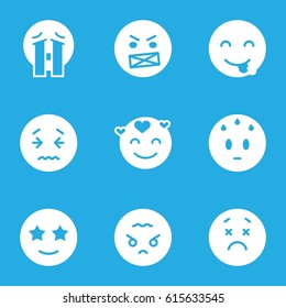 Mood icons set. set of 9 mood filled icons such as upset emot, sweating emot, happe emoji with star eyes, crying emoji