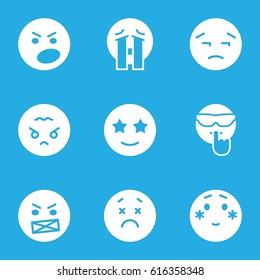 Mood icons set. set of 9 mood filled icons such as upset emot, shy emoji, angry emot, happe emoji with star eyes