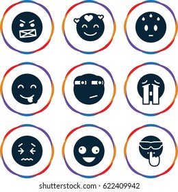 Mood icons set. set of 9 mood filled icons such as crazy emot, sweating emot, crying emoji
