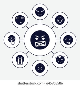 Mood icons set. set of 9 mood filled icons such as upset emot, emot showing tongue, crying emoji, rolling eyes emoji