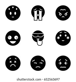 Mood icons set. set of 9 mood filled icons such as crazy emot, upset emot, shy emoji, crying emoji