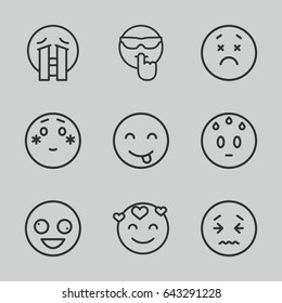 Mood icons set. set of 9 mood outline icons such as crazy emot, upset emot, shy emoji