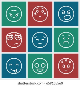 Mood icons set. set of 9 mood outline icons such as crazy emot, upset emot, shy emoji, rolling eyes emoji