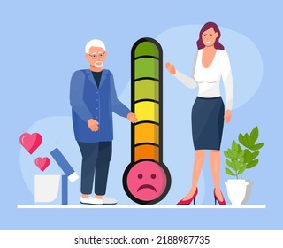 Mood indicator concept vector. Professional productivity in work. Motivation and enthusiasm for employee. Good mood, happy teamwork. Human energy pattery is full.