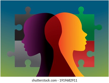 Mood and mental health concept. Silhouettes of 2 people with puzzle background. Vector illustration.