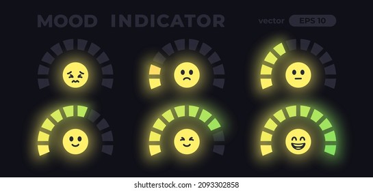 Mood meter. Loading joy indicator. Percentage circle. Gauge concept with emoji, yellow smiles. Animation. UI, User interface. Minimalistic 3d template. Realistic modern design. Vector illustration.