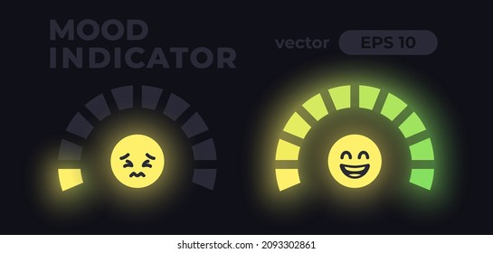 Mood meter. Loading joy indicator. Percentage circle. Gauge concept with emoji, yellow smiles. Animation. UI, User interface. Minimalistic 3d template. Realistic modern design. Vector illustration.