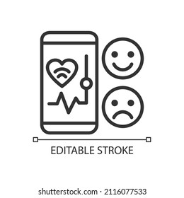 Mood monitoring pixel perfect linear icon. Mobile app for health tracking. Internet of Things. Thin line illustration. Contour symbol. Vector outline drawing. Editable stroke. Arial font used