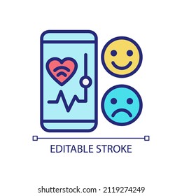 Mood monitoring pixel perfect RGB color icon. Mobile app for health tracking. Internet of Things. Isolated vector illustration. Simple filled line drawing. Editable stroke. Arial font used