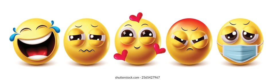 Mood off emoji vector characters set. Clipart emojis funny, sad, in love, angry and sick facial expressions yellow icon graphic elements. Vector illustration mood off emoji clip art collection set.
