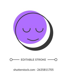 Mood offset shadow line icon. Sad emoticon, depression. Mental health, healthcare. Customer satisfaction. Bold outline symbol with solid purple fill. Modern flat illustration. Editable stroke