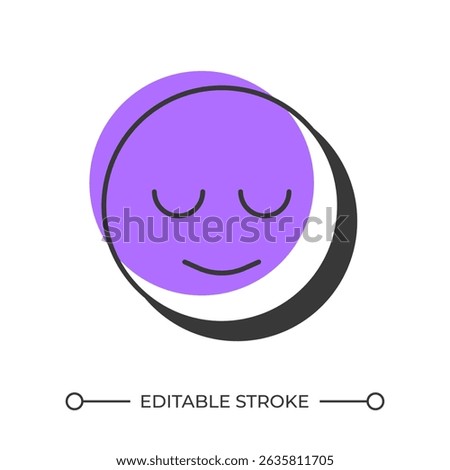 Mood offset shadow line icon. Sad emoticon, depression. Mental health, healthcare. Customer satisfaction. Bold outline symbol with solid purple fill. Modern flat illustration. Editable stroke