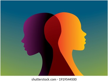 Mood profiles, mental health. One head looking upwards, the other darker looking down. Vector illustration. EPS10.