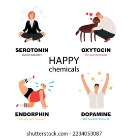 Stimmungsstabilisator, Liebeshormon, Belohnungschemikalie, Schmerzmittel. Hormone bunte Vektorgrafiken, einzeln auf weiß. Endorphin, Dopamin, Oxytocin, Serotonin. Hormongesundheitssymbol